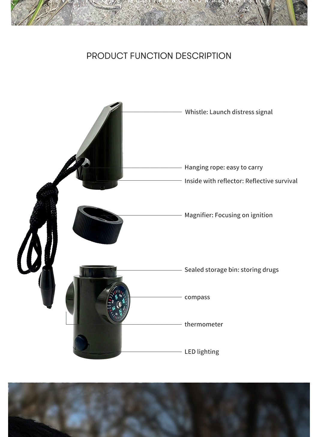 Sos 7 in 1 Multifunctional Outdoor Emergency Survival Whistle with Compass Thermometer Flashlight Signal Mirror